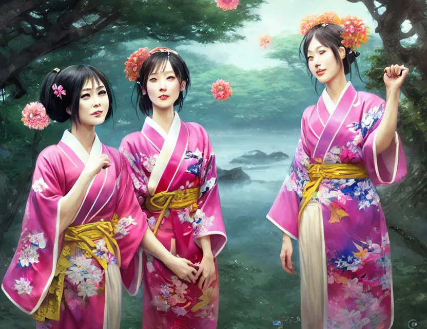 Image similar to two beautiful fashion taiwan girls wear fantasy yukata in festival | | big eyes, sunny, dreamlike art, realistic shaded, smile, good looking, fine details, 4 k realistic, cryengine, realistic shaded lighting poster by greg rutkowski, magali villeneuve, artgerm, jeremy lipkin and michael garmash and rob rey