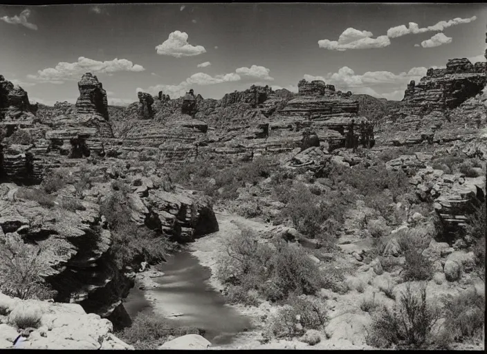 Prompt: Overlook of a river flowing through a cactus forest and rock formations, albumen silver print by Timothy H. O'Sullivan.