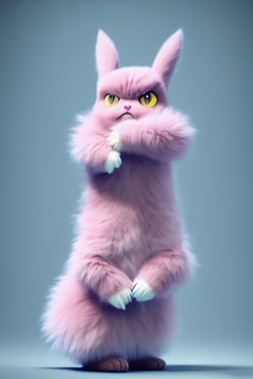 Prompt: high quality 3 d render hyperrealist very cute pastel fluffy! grumpy nazgul cat hybrid eating giant ice cream full body, vray smooth, in the style of detective pikachu, hannah yata charlie immer, dramatic pink light, low angle, uhd 8 k, sharp focus