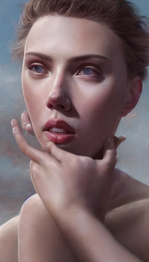 Image similar to epic masterpiece portrait of scarlett johansson, sweaty skin, hyperrealistic, octane render, cinematic, beautiful face and flawless skin, perfect hands, 5 fingers, bronze by Edgar Maxence and Ross Tran and Michael Whelan