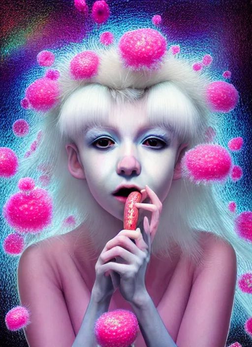 Image similar to hyper detailed 3d render like a Oil painting - kawaii portrait Aurora (white haired Singer Ferret) seen Eating of the Strangling network of yellowcake aerochrome and milky Fruit and Her delicate Hands hold of gossamer polyp blossoms bring iridescent fungal flowers whose spores black the foolish stars by Jacek Yerka, Mariusz Lewandowski, Houdini algorithmic generative render, Abstract brush strokes, Masterpiece, Edward Hopper and James Gilleard, Zdzislaw Beksinski, Mark Ryden, Wolfgang Lettl, hints of Yayoi Kasuma, octane render, 8k