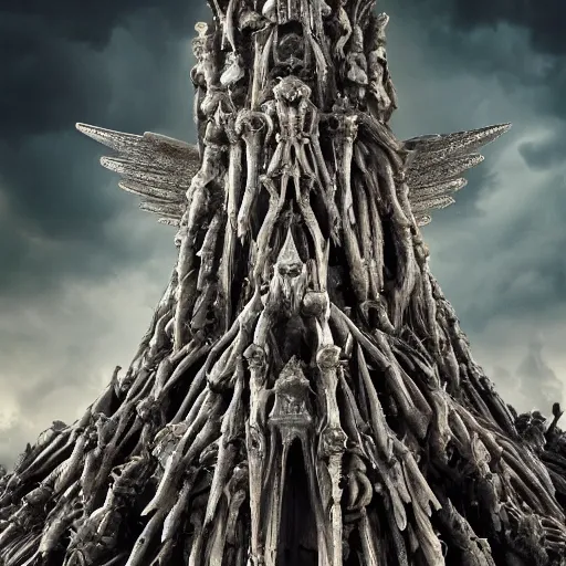 Image similar to giant throne of bones, very very very tall, wide angel shot from below, legendary, dramatic lightning, insane detailed, epic, movie poster, photorealistic, 8k, octane render -ar 16:9 H 1024