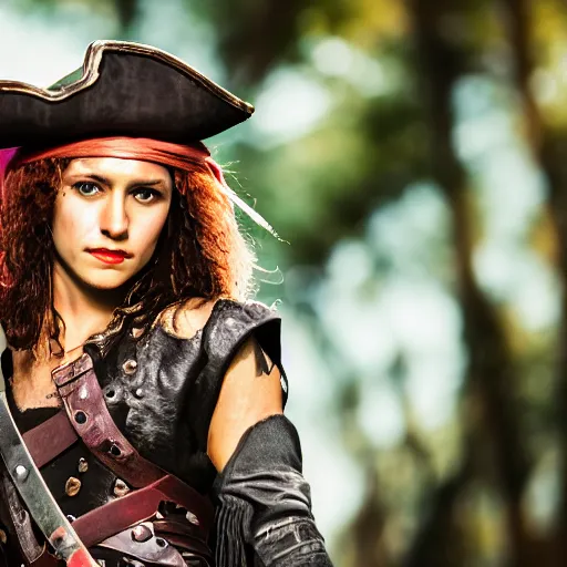 Image similar to a Swashbuckling pirate female with iridescent skin, bokeh, 8k