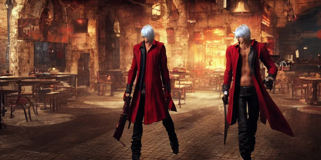 Image similar to Dante from Devil May Cry in a Pizzeria, realistic 4k octane beautifully detailed render, 4k post-processing, highly detailed, intricate complexity, epic composition, magical atmosphere, cinematic lighting, masterpiece, ultra hd