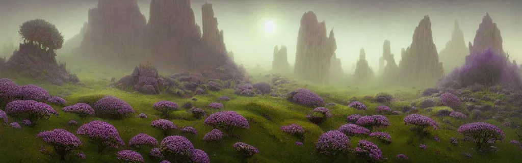 Image similar to purple flowers, green rocks, ancient alien landscape foggy full of broken buildings, Les Edwards, Zdzislaw Beksinski, Carl Gustav Carus, John Harris, Michal Karcz, Zhang Kechun, Mikko Lagerstedt, Scott Listfield, Steven Outram, Jessica Rossier