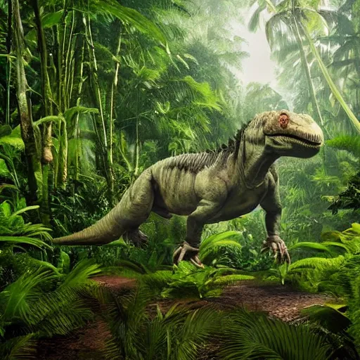 Image similar to giant tyrannosaurus rex walking through a tropical forest