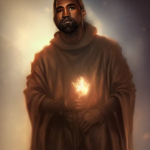 Prompt: Kanye West in a Fantasy world as an old mage, wizard, cover art, ultra wide lens shot , beautiful, DnD character art portrait, realistic, hyperdetailed, DeviantArt Artstation, cinematic lighting