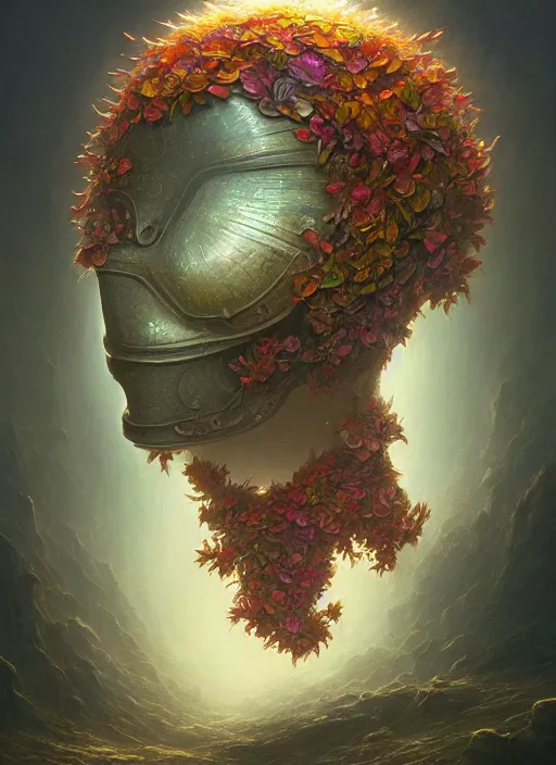 Image similar to helmet of a forgotten deitymade of flower petals, in the style of tomasz alen kopera and fenghua zhong and peter mohrbacher, mystical colors, rim light, beautiful lighting, 8 k, stunning scene, raytracing, octane, trending on artstation