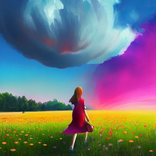 Image similar to giant daisy flower as a head, girl walking in flower field, surreal photography, sunrise, dramatic light, impressionist painting, colorful clouds, digital painting, artstation, simon stalenhag