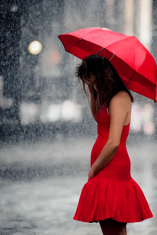 Image similar to a girl in a red dress crying in the middle of a city while its raining