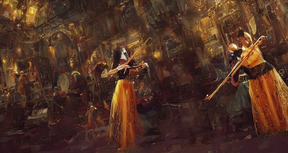 Image similar to craig mullins and ghibli digital art of on the stage, one masked female violinists ， exotic costumes, gold jewelry, black hair, realistic shading, cinematic composition, realistic render, octane render, detailed textures, photorealistic, wide shot