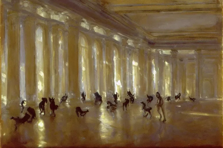 Prompt: Glimmering light drips from crusted balustrades onto a lone subject in the center of a vast ballroom. Dingos surround on every side. John Singer Sargent