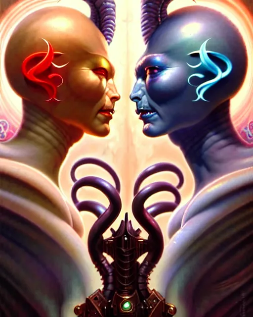 Image similar to beautiful gemini good and evil fantasy character portrait, ultra realistic, wide angle, intricate details, the fifth element artifacts, highly detailed by peter mohrbacher, hajime sorayama, wayne barlowe, boris vallejo, aaron horkey, gaston bussiere, craig mullins