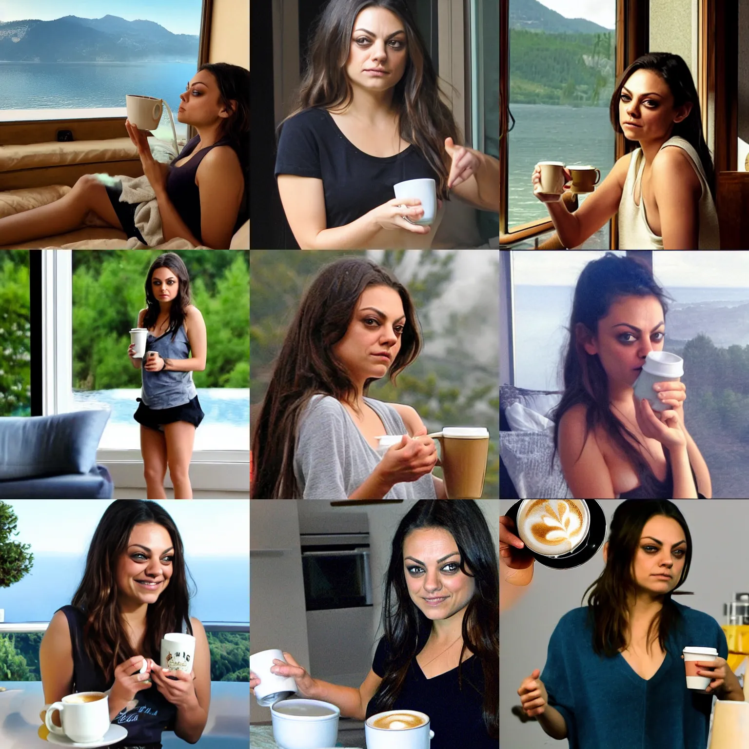 Prompt: dreamy mila kunis waking up with steaming coffee, lake view vista