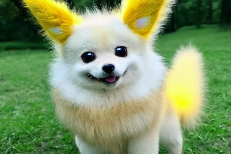 Image similar to real life jolteon pokemon, cute!!!, heroic!!!, adorable!!!, playful!!!, fluffly!!!, happy!!!, cheeky!!!, mischievous!!!, ultra realistic!!!, autumn, clear weather, ( golden hour ), sharp focus