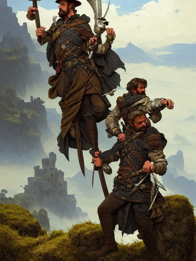 Prompt: middle age ranger with rugged expresions falcon pet on his sholder holding a long sword, top a cliff observing old ruins of a castle, elegant clothing, photorealistic render, matte patining, highly detailed, artstation, smooth, sharp focus, art by michael whelan, artgerm, greg rutkowski and alphonse mucha