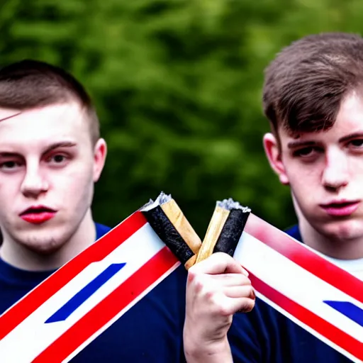 Image similar to mid-shot portrait photograph of two male British chav youths holding knives and smoking in front of the Union Jack, high quality