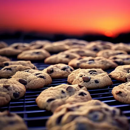 Prompt: cookies floating in the sky, sunset background, hd photo