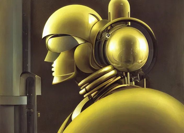 Image similar to a portrait headshot of sci fi metallic human, bright eyes, melancholic complex geometric figure liminal machinery by oskar schlemmer, moebius, john berkey, oil on canvas, portrait facial head, featured on artstation, hd wallpaper