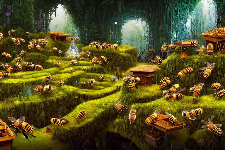 Image similar to elegance, favela garden honeybee hive, slime mold forest environment, industrial factory, cheerful, award winning art, epic dreamlike fantasy landscape, ultra realistic,