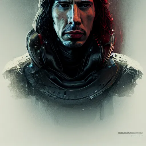 Prompt: adam driver portrait, dystopia core, apocalyptic, armor, warrior, dramatic, sharp focus, fiction, neon, fantasy, hyper detailed, digital art, trending in artstation, cinematic lighting, studio quality, smooth render, unreal engine 5 rendered, octane rendered, art style and nixeu and wlop and krenz cushart