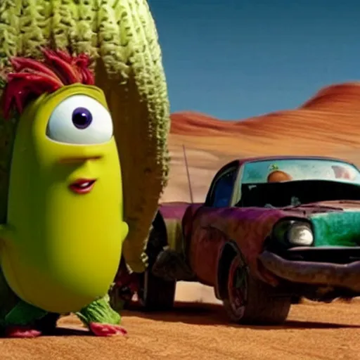 Prompt: photo of veggie tales in the mad max universe, gritty, desert