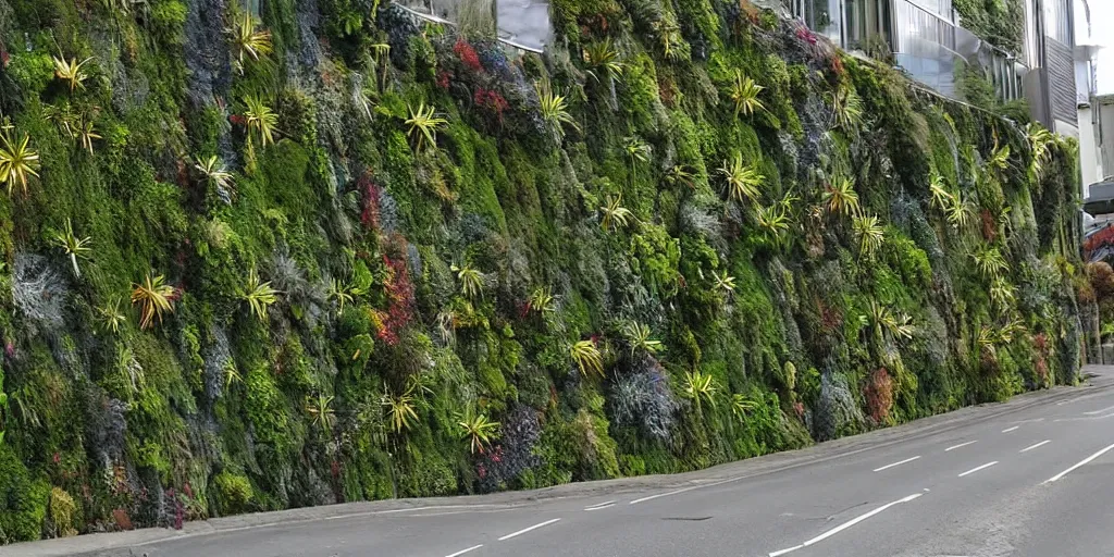 Image similar to a street in wellington, new zealand where the building walls are covered in living walls made of nz endemic plants. google street view