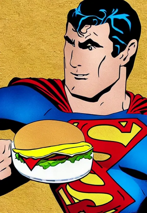 Prompt: superman eating a hamburger in his fortress of solitude