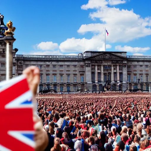 Image similar to a picture of buckingham palace very very very accurate with a gigantic crowd of protestors on the street, the sky is blue and everyone is holding russian flags or posters with prince andrew's face wide shot hyperrealistic photography 7 0 mm