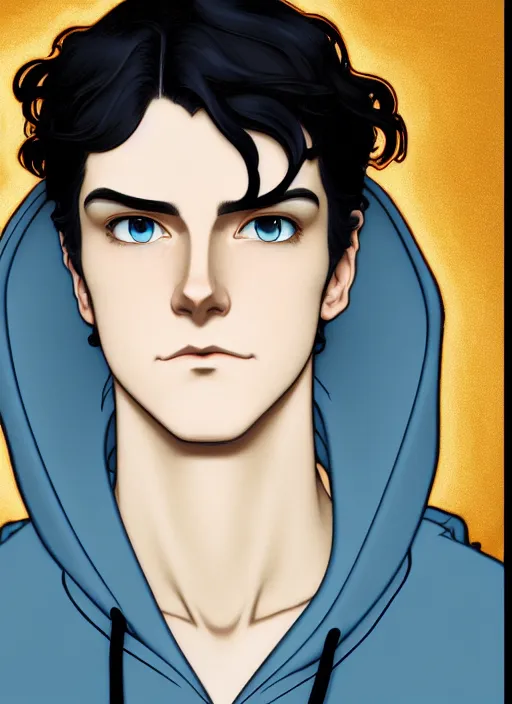 Image similar to well - lit art nouveau portrait of a young man with short black hair, light blue eyes, pale skin, serious expression, jeans and a black hoodie, natural lighting, path traced, highly detailed, high quality, cartoon, digital painting, by don bluth and ross tran and studio ghibli and alphonse mucha