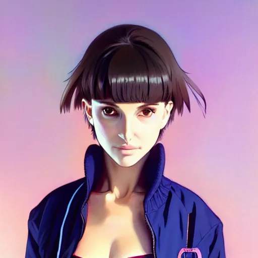 Image similar to a beautiful! boyish! natalie portman alluring gravure! model, wearing oversized mayan bomber jacket and leotard with overalls, bulky poofy bomber jacket with mayan patterns, gapmoe yandere grimdark, trending on pixiv fanbox, painted by greg rutkowski makoto shinkai takashi takeuchi studio ghibli, akihiko yoshida