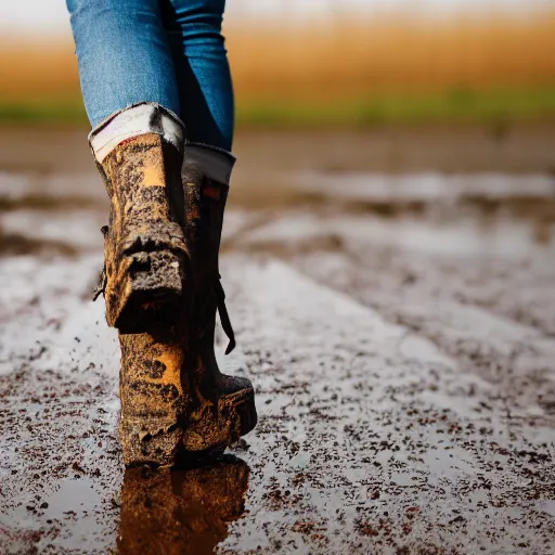 Image similar to a woman in chunky platform boots walking on a muddy road, canon EOS 1000D