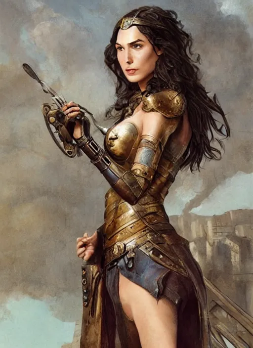 Image similar to highly detailed steampunk gal gadot standing, steel age : leonardo da vinci, greg rutkowski, magali villeneuve