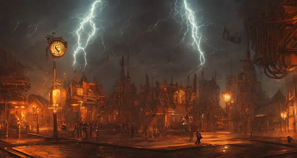 Image similar to eldritch, steampunk city, windy, by eugene von guerard, ivan shishkin, night, red lightning!!, storm!, dramatic lighting, concept art, trending on artstation, 8 k