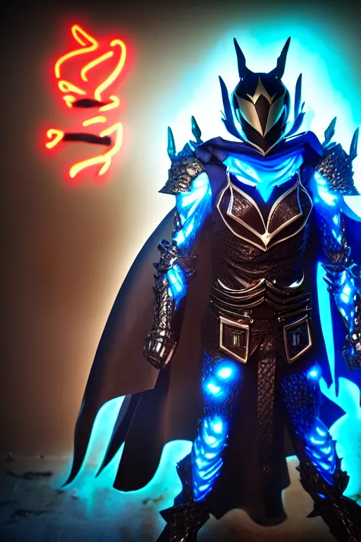 Image similar to High Fantasy Kamen Rider with a flowing cape, single character full body, 4k, rock quarry location, daytime, glowing eyes, rubber suit, dark blue segmented armor, fantasy inspired segmented dragon armor, ultra realistic, high quality, cinematic, centered, cinematography