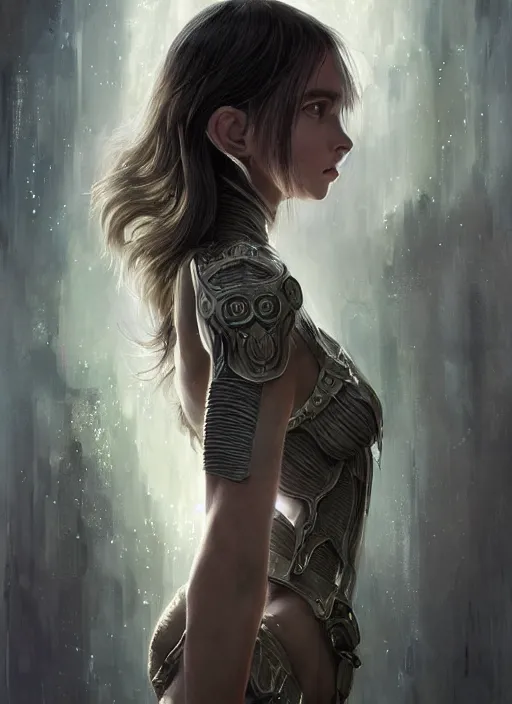 Image similar to a professional painting of a beautiful young female alien, clothed in ethereal armor, olive skin, long dark hair, beautiful bone structure, symmetrical facial features, intricate, elegant, digital painting, concept art, smooth, sharp focus, illustration, from Valerian and the City of a Thousand Planets, by Ruan Jia and Mandy Jurgens and Artgerm and William-Adolphe Bouguerea