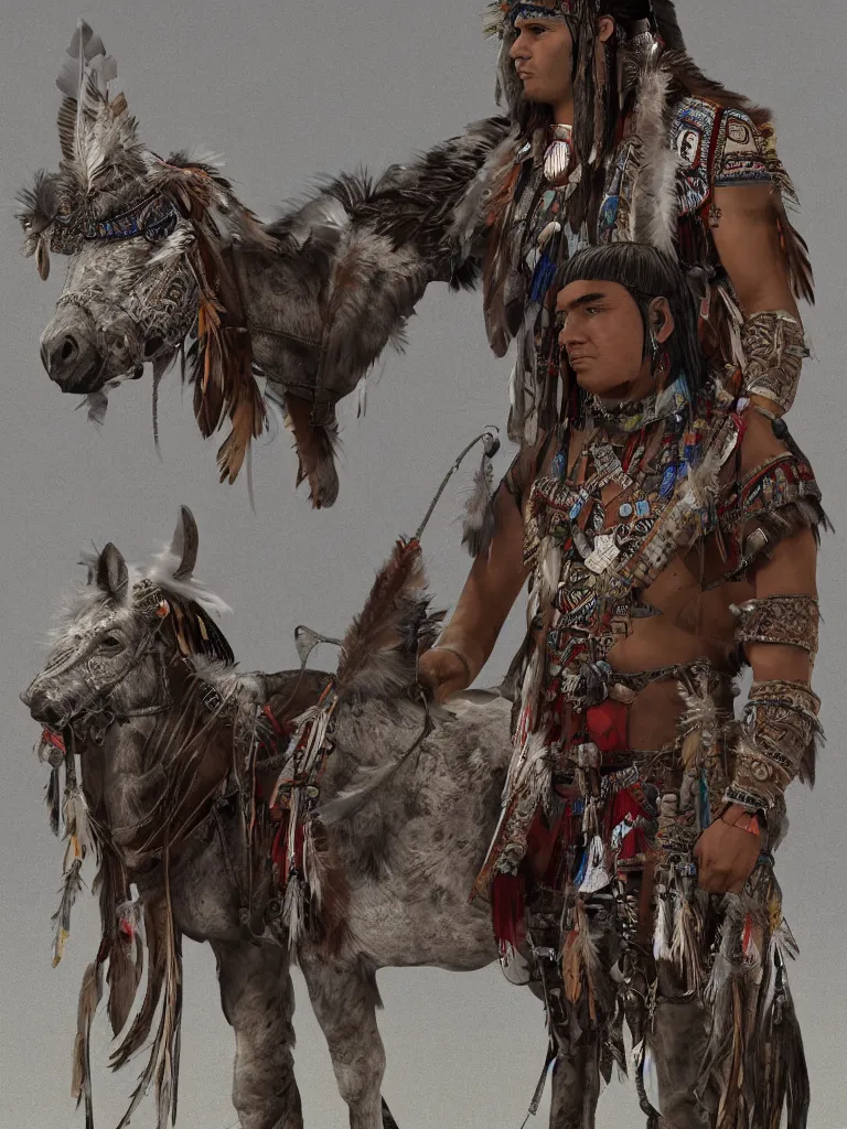 Image similar to one American Indian warrior and his horse, sacred feathers adorn, valley of quartz crystals, hyper realistic, dystopian, solarpunk, Mayan gods, realism, magical imagery, best algorithm, digital cinema camera, cooke lens feel, wide angle, 3D modelling, digital art, art by Zbrush