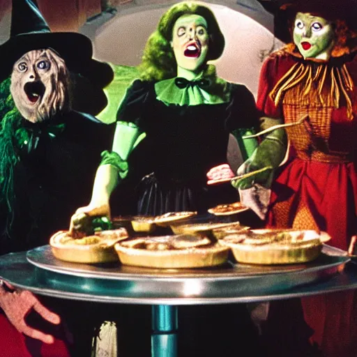 Image similar to the wicked witch of the west serving pies, wizard of oz, movie, photography,