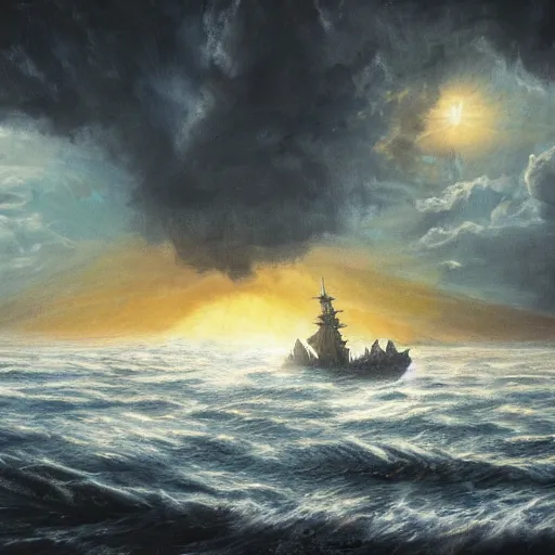 Prompt: breathtaking detailed concept art painting of noah's ark sailing across the flooded earth, sun half covered by dark clouds