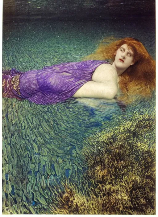 Prompt: lady laying under the sea on the seabed amongst the weeds, underwater shot, submerged, medium shot, on the bed of the river preraphaelite colour photography by william holman hunt, 8 k