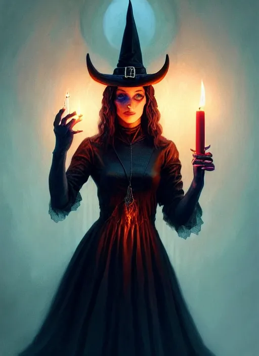 Image similar to portrait of a satanic witch standing and holding a candle, intricate, elegant, glowing lights, highly detailed, digital painting, artstation, glamor pose, concept art, smooth, sharp focus, illustration, art by artgerm and greg rutkowski, artey freytag