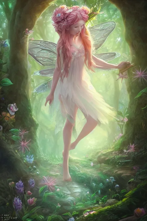 Image similar to a cute and geogerous fairy in the dreamy forest, fantasy, dreamlike, 8 k resolution, hyper detailed, d & d, character design, digital painting, trending on artstation, sharp focus, illustration, art by viktoria gavrilenko, hoang lap, fuji choko, steve zheng,