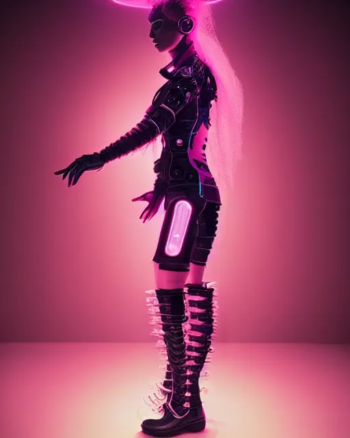 Prompt: full body shot of young punk woman dressed in futuristic cyberpunk clothing, soft neon diffused light, bjork aesthetic, translucent, by rineke dijkstra and artgerm, intricate details, highly detailed, masterpiece, 8 5 mm