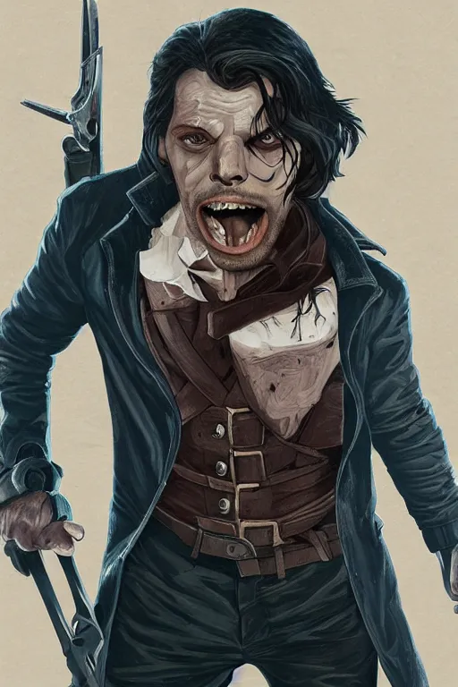 Image similar to sebastian stan in sleepy hollow, full body, big two toned eyes, teeth gritted, horror, intricate details, cinematic, epic, realistic, anatomy, tomer hanuka, uplight, artstation, photorealistic, scary