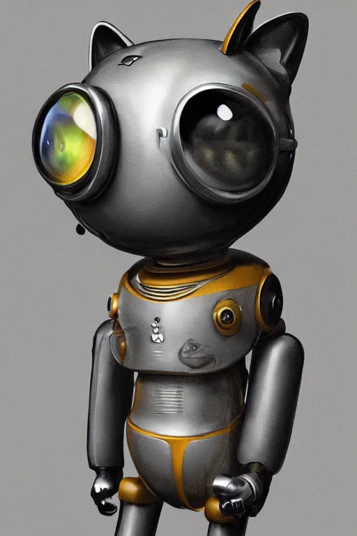 Image similar to a cute cat robot, futuristic, painted by wally wood and matt jefferies, trending on artstation, steam punk, bright macro view pixar, award - winning, blueprint, chillwave, realism