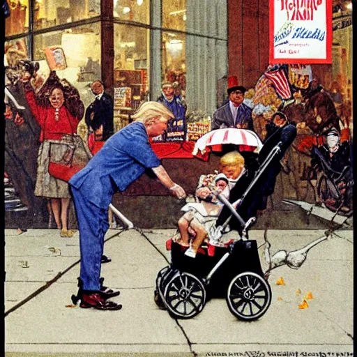 Prompt: norman rockwell style painting of donald trump taking candy from a baby in a stroller on the sidewalk of 5 th avenue in nyc