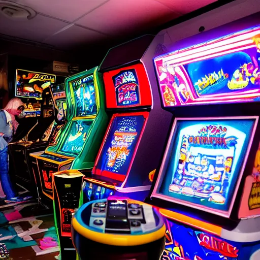 Prompt: A busy arcade in the 80's, power glove, nintendo, 80s pop culture,, perfect face, intricate, Sony a7R IV, symmetric balance, polarizing filter, Photolab, Lightroom, 4K, Dolby Vision, Photography Award