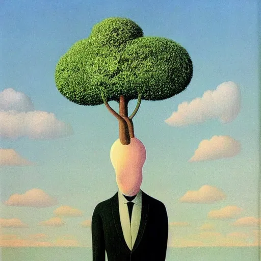 Prompt: surrealist painting of a man with a trunk for a nose, René Magritte