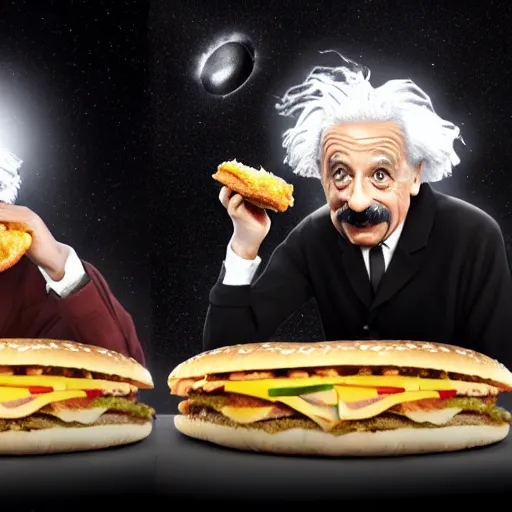 Image similar to Albert Einstein and Salvador Dali eating a Big Mac in front of a black hole, beautiful lighting,digital art , highly detailed , high contrast, beautiful lighting, award winning , trending on art station, 8k, photorealistic,unreal engine 5