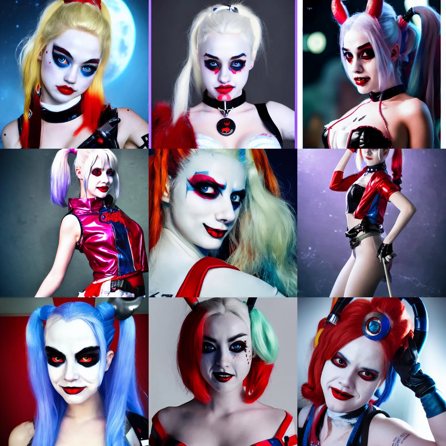 Prompt: cosplay on Harley Quinn on the moon queen, high detail of the face, high details, high modernization, cinematic, dynamic lighting, ultra mega super hyper realistic, ultra mega super hyper beautiful